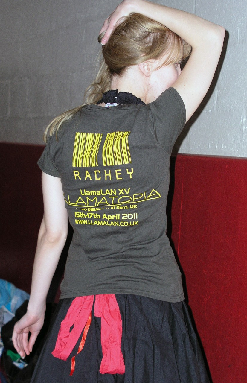 Rach modelling the LlamaLAN XV T-Shirt